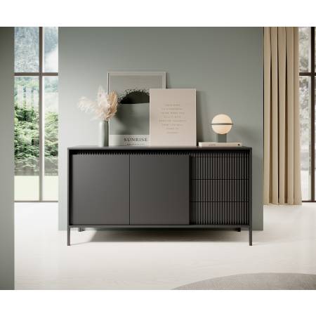 Komoda ryflowana 150 cm 2-drzwiowa z szufladami SONEO czarna